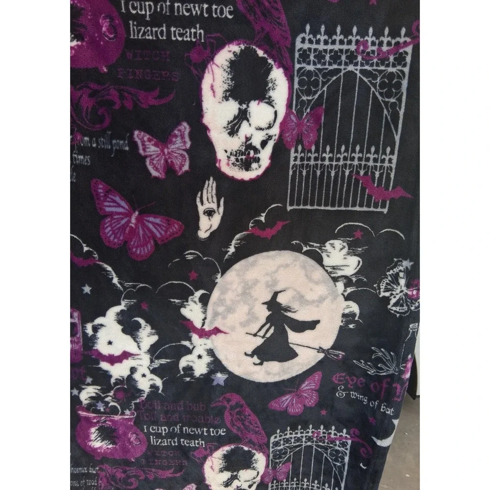 Witch Spells Halloween Throw Blanket Fleece Spooky Moon Purple Black 48